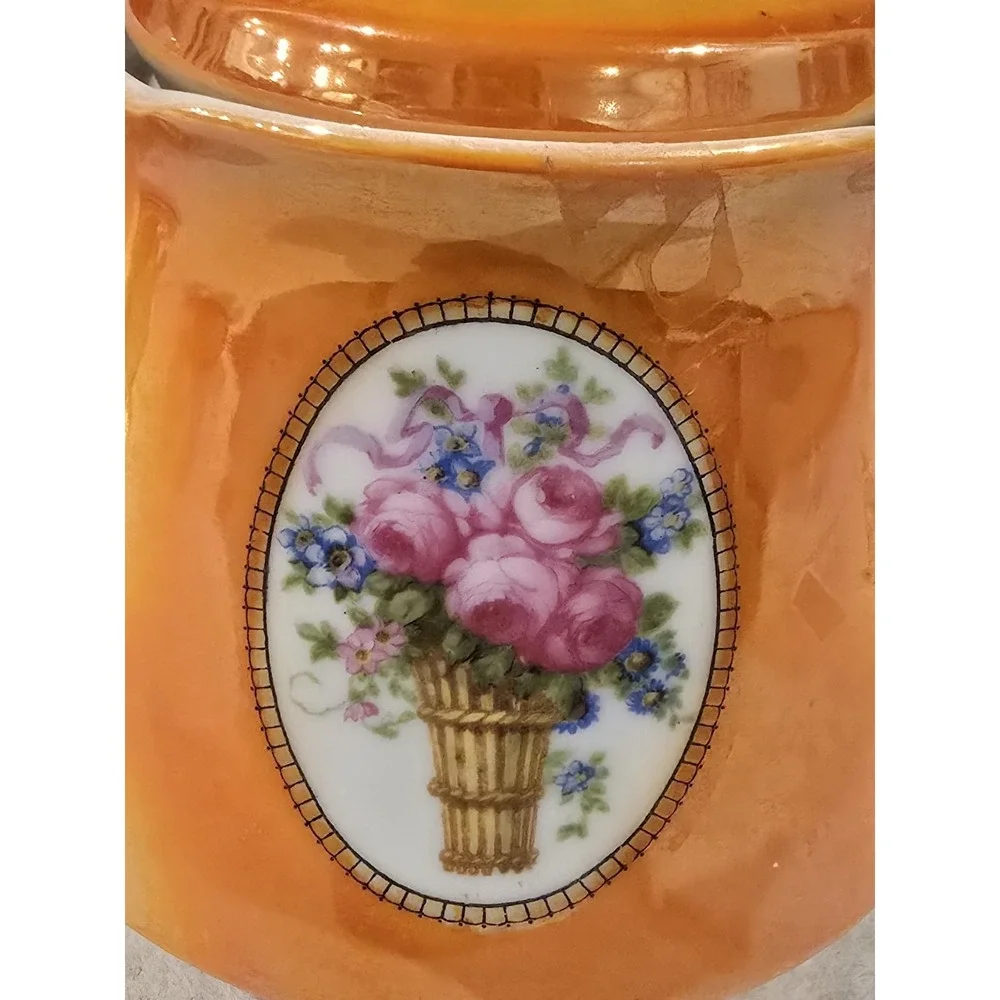 VTG Eleanor of‎ Germany Burnt Orange Lusterware Teapot Porcelain Floral Basket